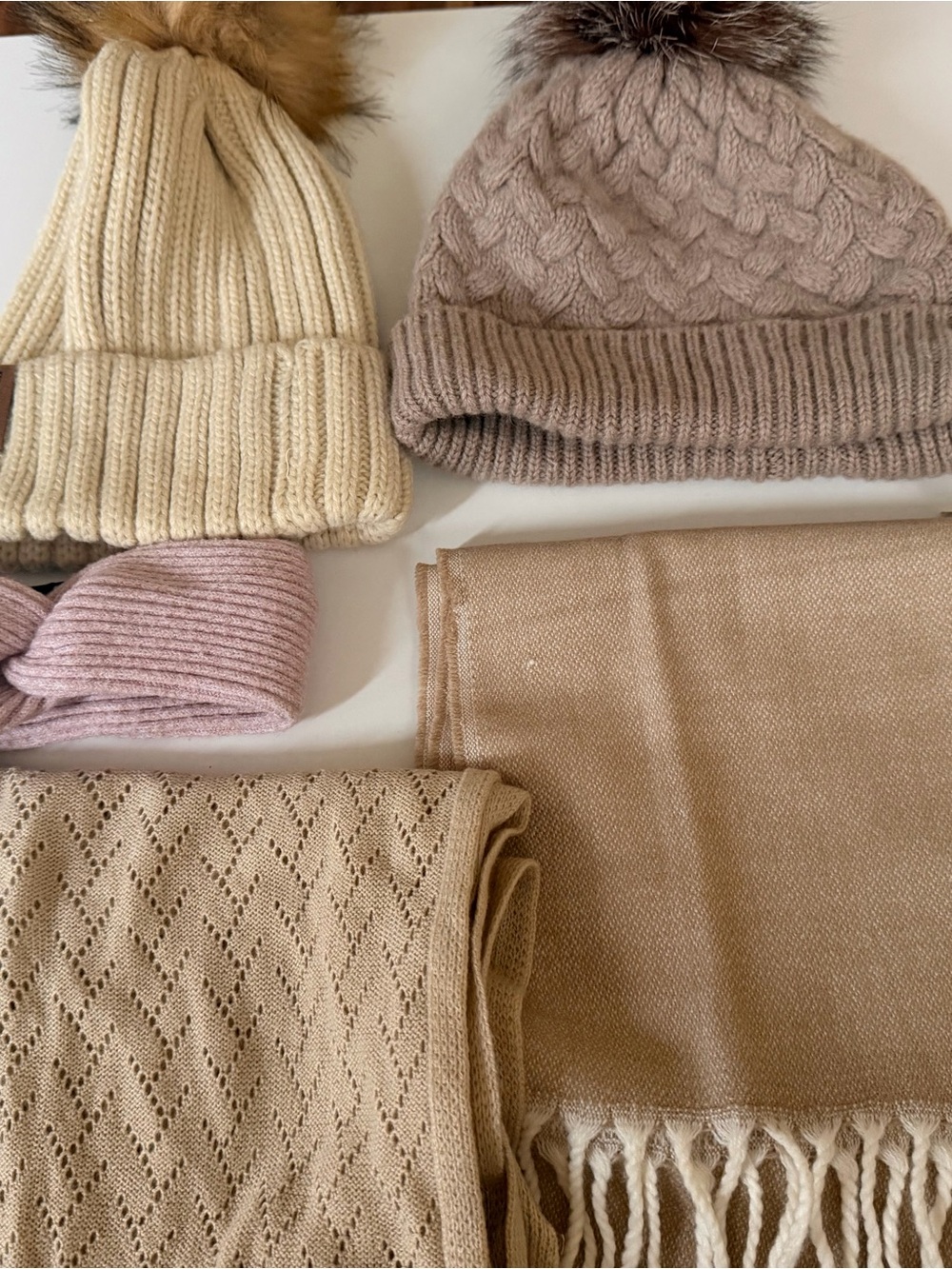 Neutral Knit Beanie and Scarf Set - Cream, Taupe, Pink